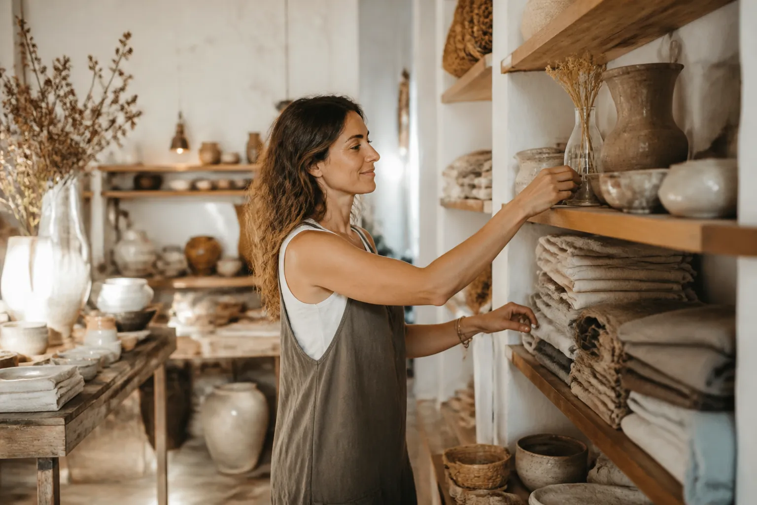 Owner arranging the shelves of her small shop