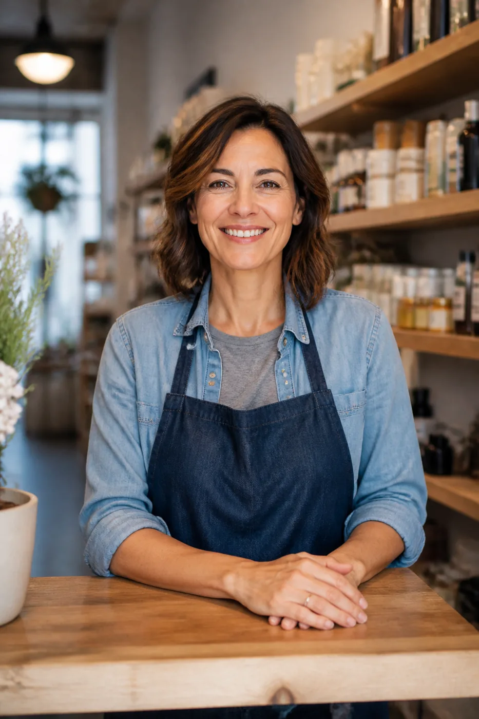 Smiling shop owner at her counter